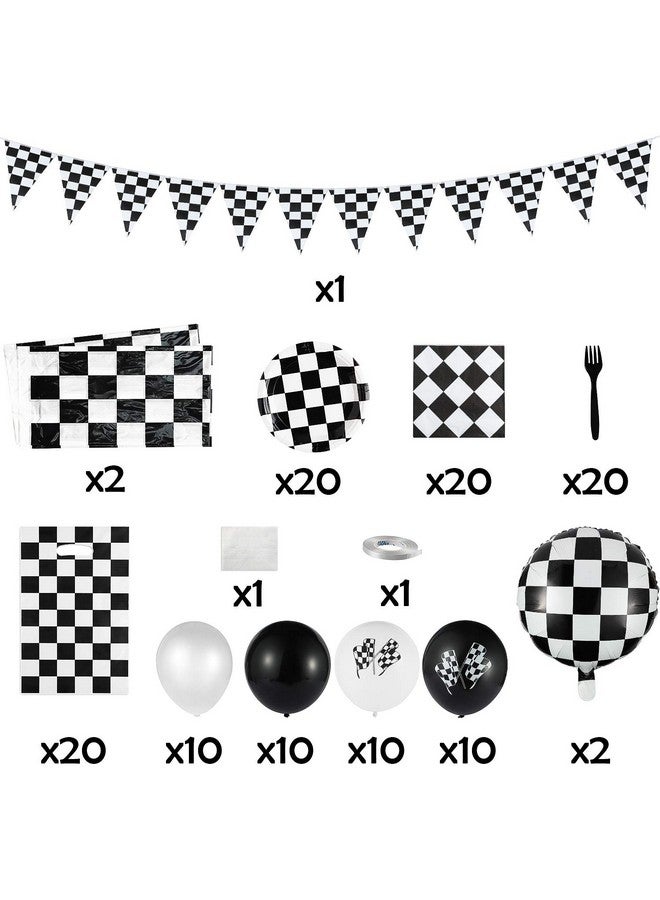 BeYumi 127Pack Race Car Checkered Party Supplies Decoration Kit, Including Banner Pennant Balloons Tablecloth Tableware Goodies Gift Bags, Black and White Party Decorations Pack, Serves 20 Guests - Image 2