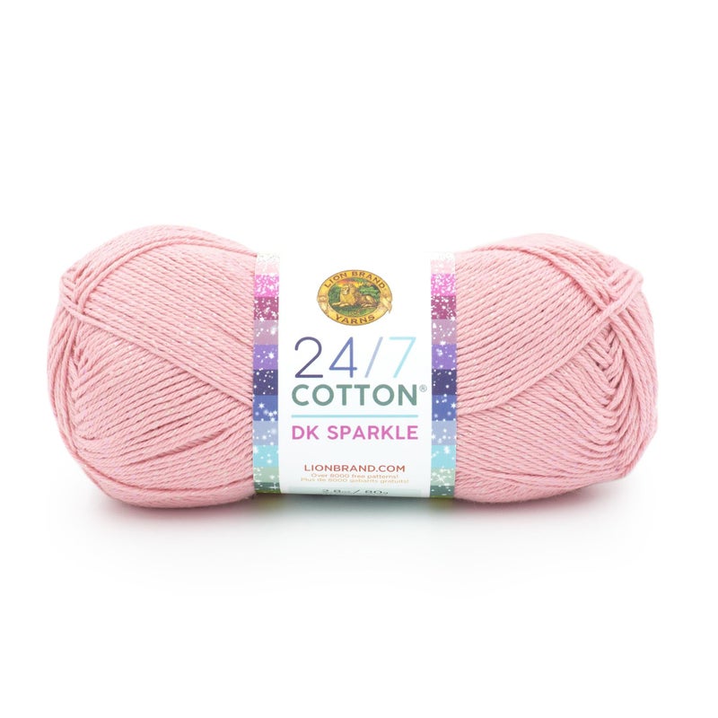 Lion Brand Yarn 24/7 Cotton DK Sparkle, Lightweight Yarn for Knitting, Crocheting, and Crafts, Pink Diamond, 1 Pack, Cotton Fiber with Metallic Poly Sparkle - Image 1