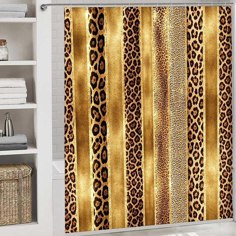 Gold Leopard Stripes Pattern DesignShower Curtain for Bathroom Waterproof Tan Shower Curtain with Hooks 71 inch x 71 inch - Image 2