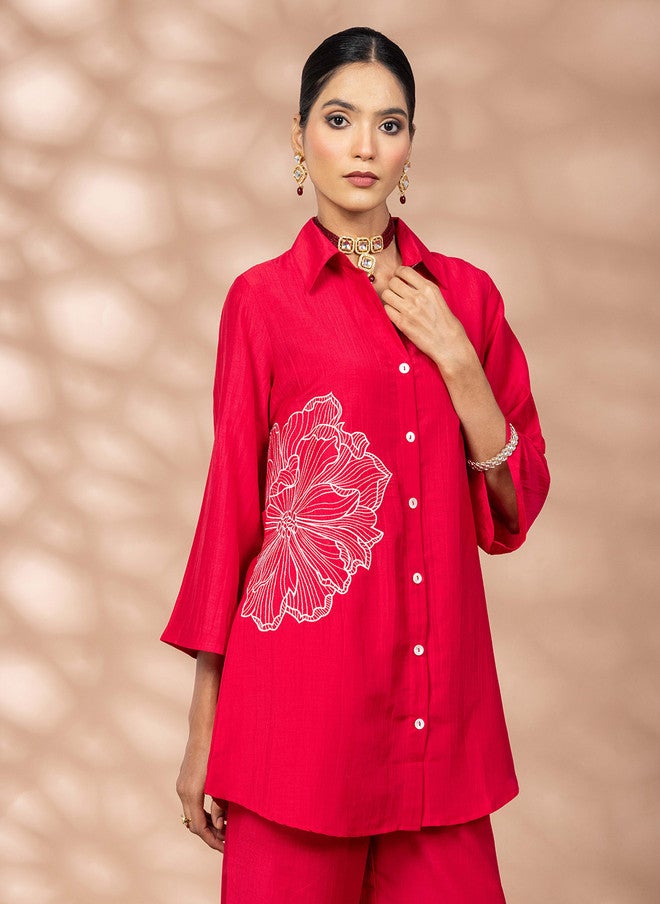 WineRed Wine Red Embroidered Three-Quarter Sleeves Shirt With Trouser - Image 2