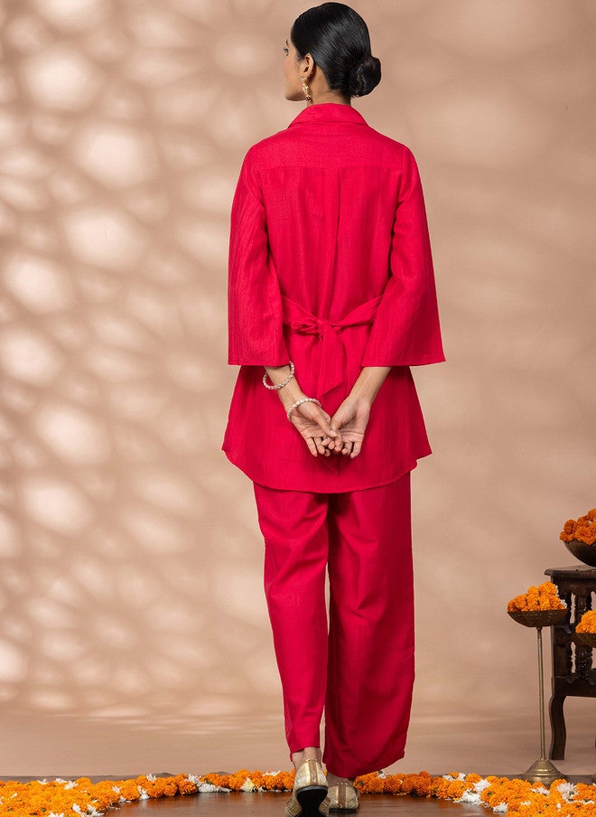 WineRed Wine Red Embroidered Three-Quarter Sleeves Shirt With Trouser - Image 5
