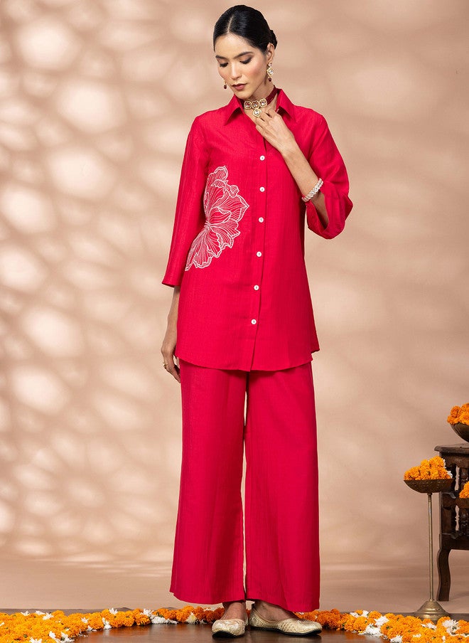 WineRed Wine Red Embroidered Three-Quarter Sleeves Shirt With Trouser - Image 1