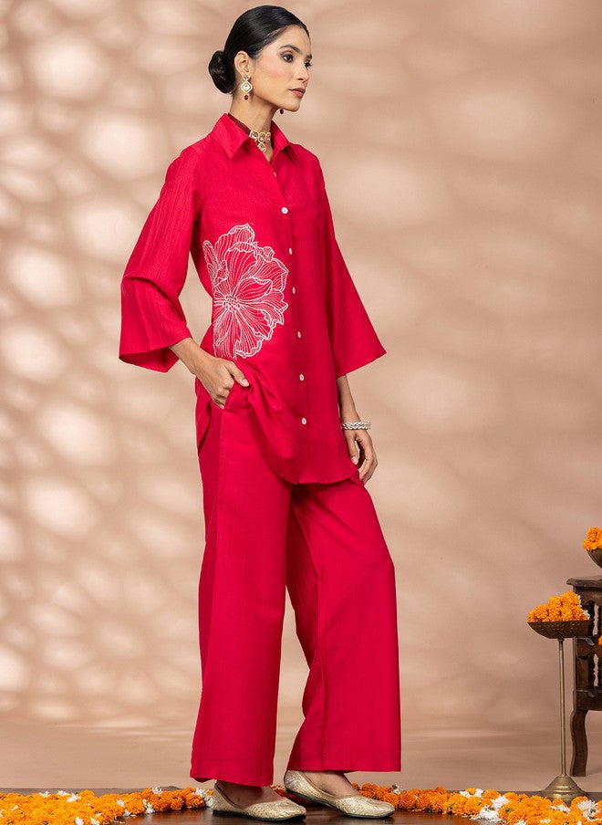 WineRed Wine Red Embroidered Three-Quarter Sleeves Shirt With Trouser - Image 4