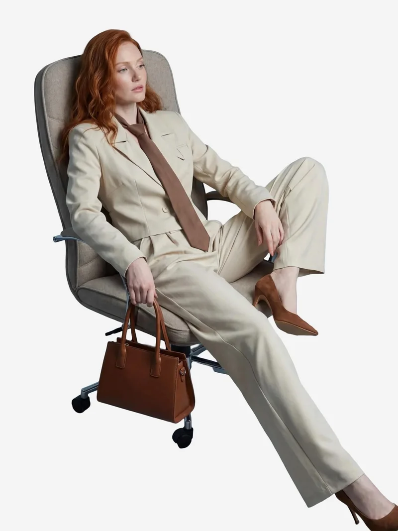 MY FASHION Beige Natural MY FASHION Buttoned Jacket and Pleated Pants Two-Piece Set for Women | Best Price UAE