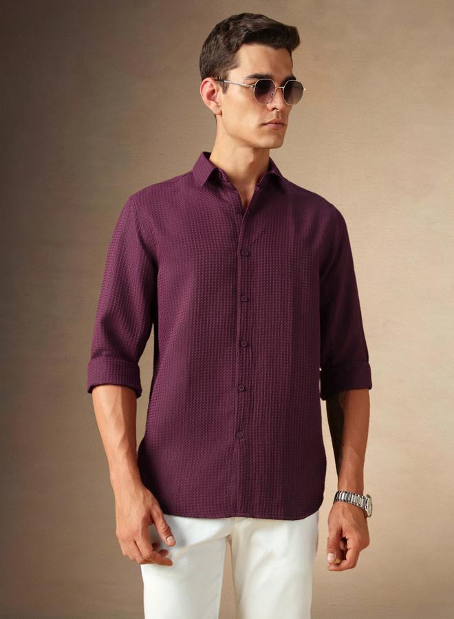 Dennis Lingo Men's Maroon 100% Polyester Solid Textured Button Down Regular FiT-Shirt  - Image 1