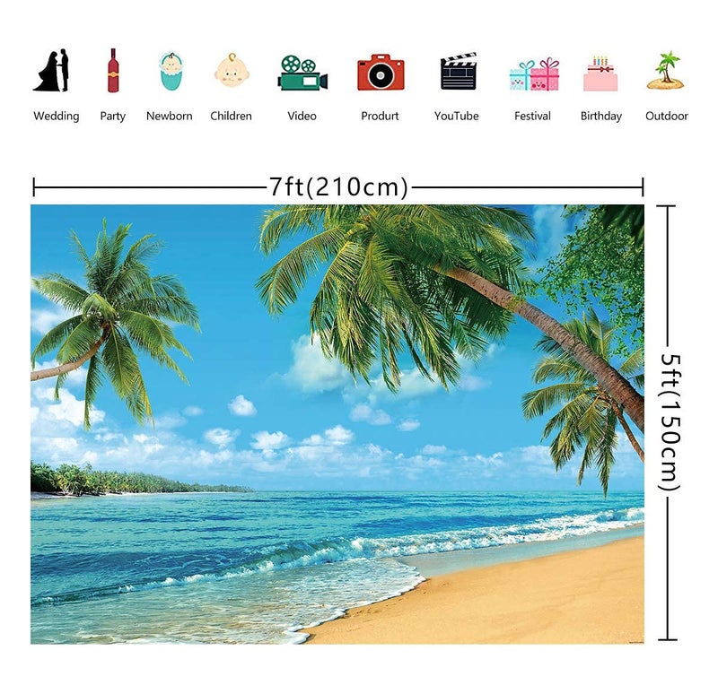 INRUI RUINI Polyester Tropical Beach Photography Backdrop Summer Palm Trees Blue Sea Sky Sunshine Luau Themed Party Decorations Banner 7x5FT - Image 3
