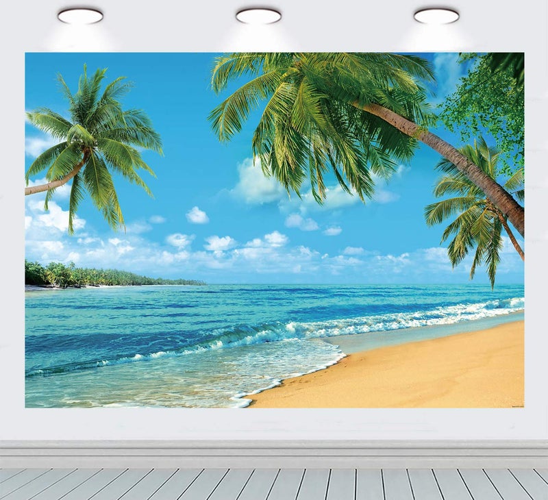 INRUI RUINI Polyester Tropical Beach Photography Backdrop Summer Palm Trees Blue Sea Sky Sunshine Luau Themed Party Decorations Banner 7x5FT - Image 5