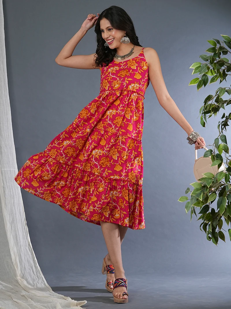 globus Globus Women Floral Printed Gathered & Tiered Pure Cotton A-Line Midi Dress