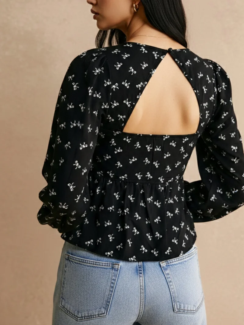 أوجيدر Black Sweetheart Neckline Full Sleeves Top