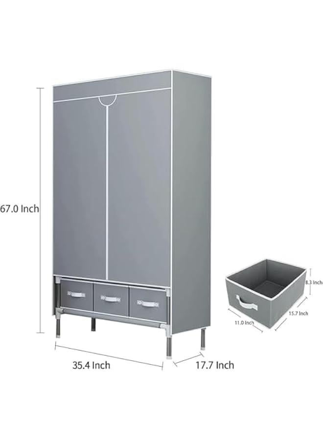 هوكور HOOKOR Portable Wardrobe, Wardrobe Closet, with Hanging Rack Fabric Storage Organizer,Wardrobe with Three Drawer Boxes Durable and Easy to Assemble-90 x 45 x 172cm. (Grey) - Image 4
