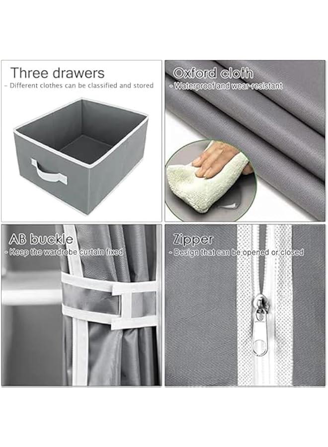 هوكور HOOKOR Portable Wardrobe, Wardrobe Closet, with Hanging Rack Fabric Storage Organizer,Wardrobe with Three Drawer Boxes Durable and Easy to Assemble-90 x 45 x 172cm. (Grey) - Image 5
