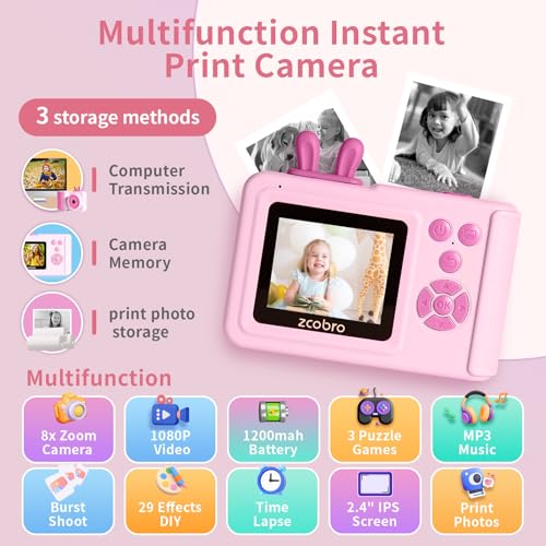 zcobro Kids Camera Instant Print for Boys and Girls Age 3-12, 1080P Kid Digital Camera with Print Paper Cameras for Kids Christmas Birthday Gifts Toy for Child 3 4 5 6 7 8 9 10 (Pink) - Image 2