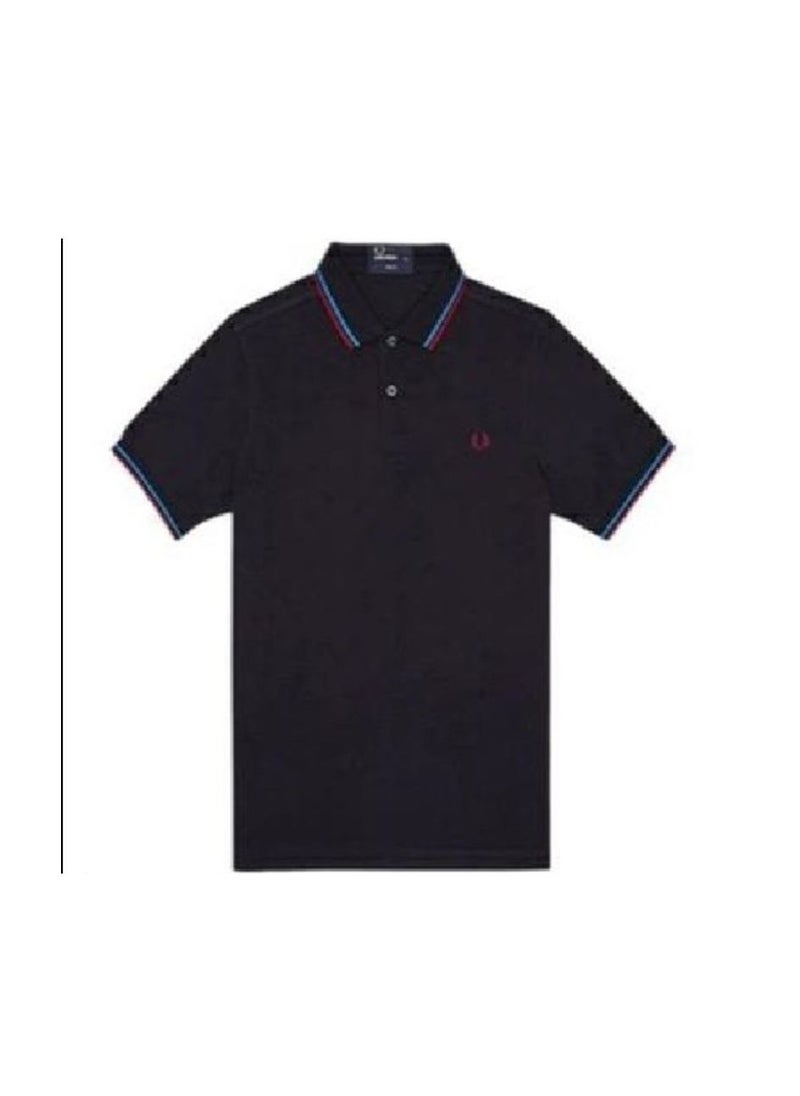 FRED PERRY Cotton summer casual short-sleeved men's polo shirt/ Navy blue red and blue border  - Image 1