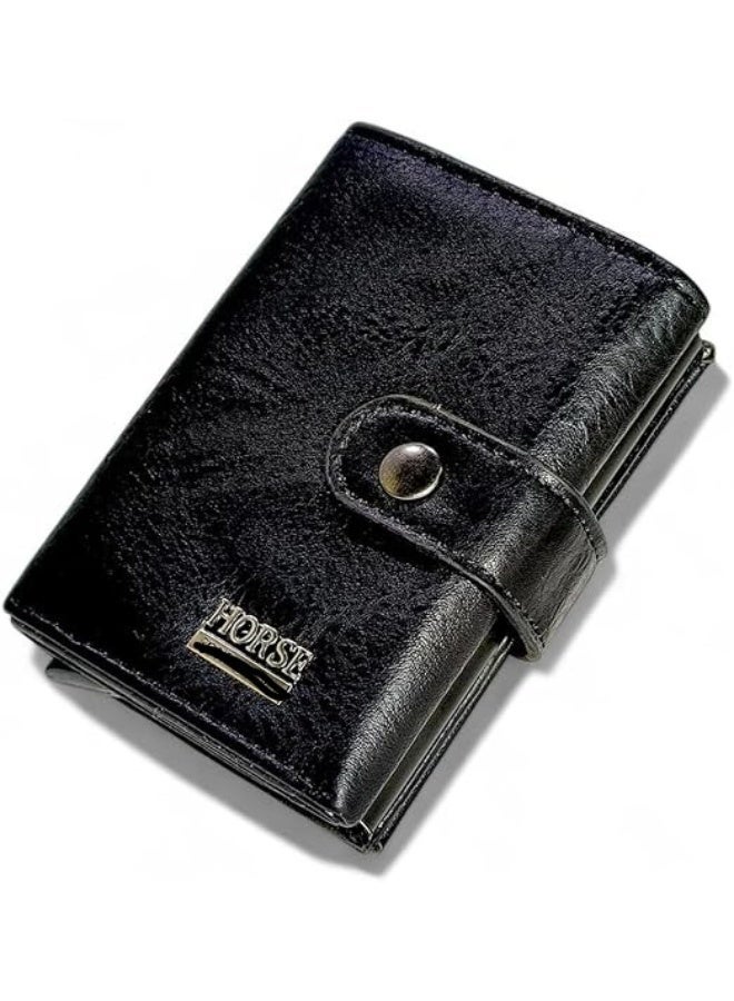 Horse leather card wallet with snap button closure (BLACK) - Image 1