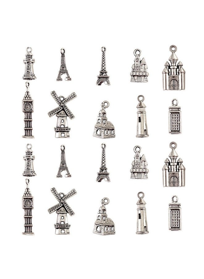 DanLingJewelry - 100Pcs 10 Styles Tibetan Style Alloy Charms Tibetan Eiffel Tower Castle Big Ben Lighthouse Charms For Diy Jewelry Making - Image 1