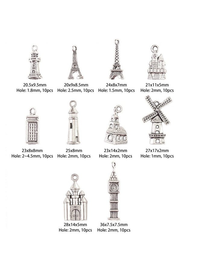 DanLingJewelry - 100Pcs 10 Styles Tibetan Style Alloy Charms Tibetan Eiffel Tower Castle Big Ben Lighthouse Charms For Diy Jewelry Making - Image 1