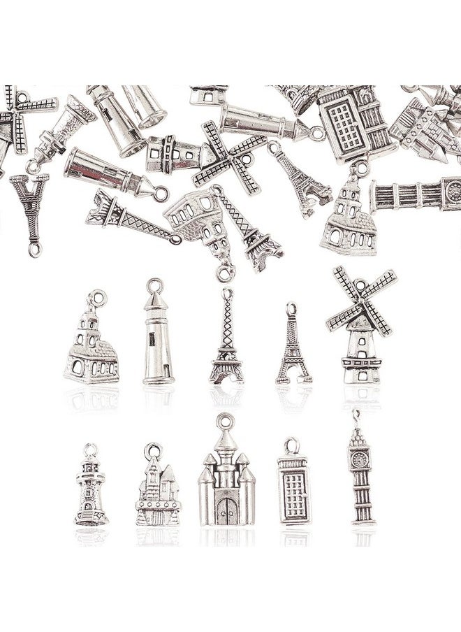 DanLingJewelry - 100Pcs 10 Styles Tibetan Style Alloy Charms Tibetan Eiffel Tower Castle Big Ben Lighthouse Charms For Diy Jewelry Making - Image 1
