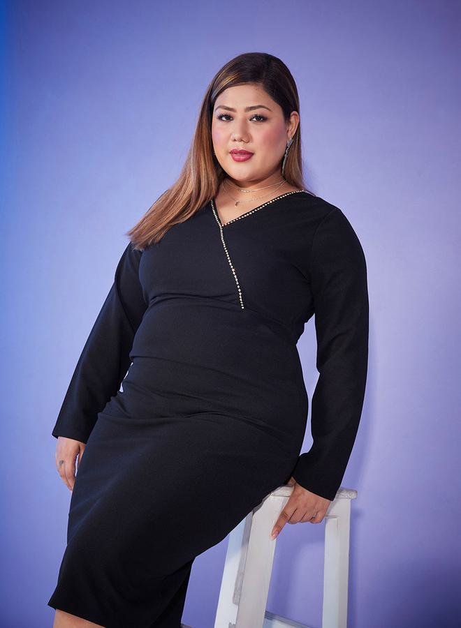 SASSAFRAS Embellished Black Midi Dress - Image 1