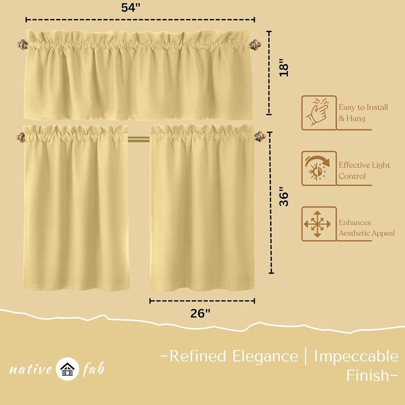 Native Fab 3 Piece Window Curtain Tiers 26"x36" and Valance 54"x18" Set - Rod Pocket - Semi Sheer - Short Curtain for Kitchen, Cafe, Living Room - Pale Yellow - Image 4