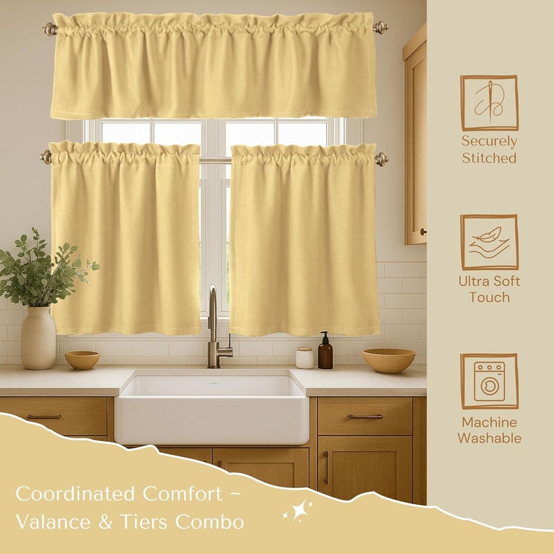Native Fab 3 Piece Window Curtain Tiers 26"x36" and Valance 54"x18" Set - Rod Pocket - Semi Sheer - Short Curtain for Kitchen, Cafe, Living Room - Pale Yellow - Image 5