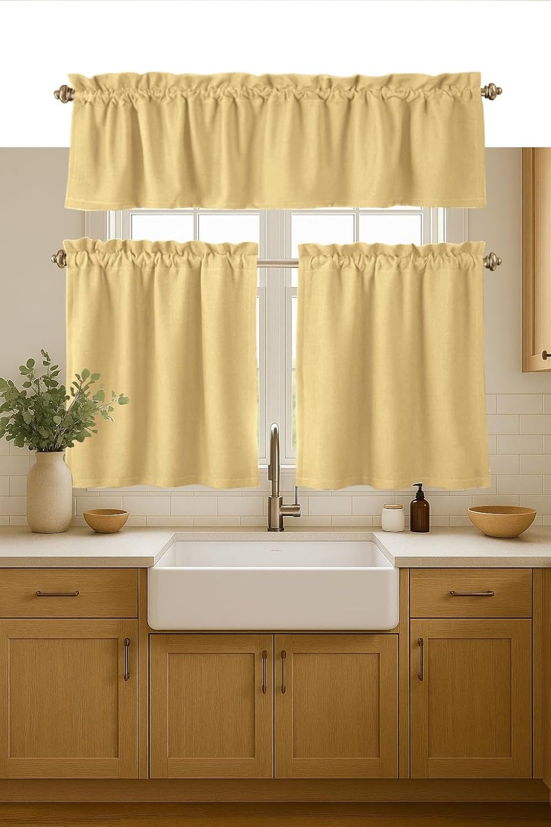 Native Fab 3 Piece Window Curtain Tiers 26"x36" and Valance 54"x18" Set - Rod Pocket - Semi Sheer - Short Curtain for Kitchen, Cafe, Living Room - Pale Yellow - Image 1
