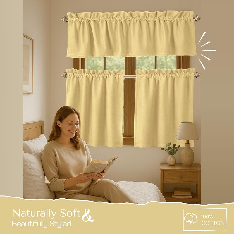 Native Fab 3 Piece Window Curtain Tiers 26"x36" and Valance 54"x18" Set - Rod Pocket - Semi Sheer - Short Curtain for Kitchen, Cafe, Living Room - Pale Yellow - Image 3