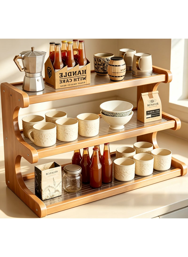 Coffee Station Organizer 3 Tier, Coffee Mug Holder Bamboo Cup Rack, Home Storage Mugs Hooks for Kitchen Countertops, Tea Bar Accessories, Matcha Stand, Cups, Condiment Storage Rack - Image 1