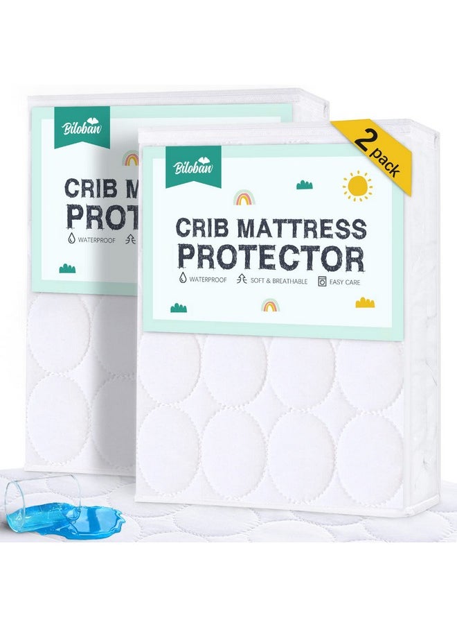 Biloban - Crib Mattress Protector Sheets Waterproof 2 Pack, Quilted Crib Mattress Pad Cover Fitted Fits for Baby Toddler Bed Mattress, White, 52” x 28” - Image 1