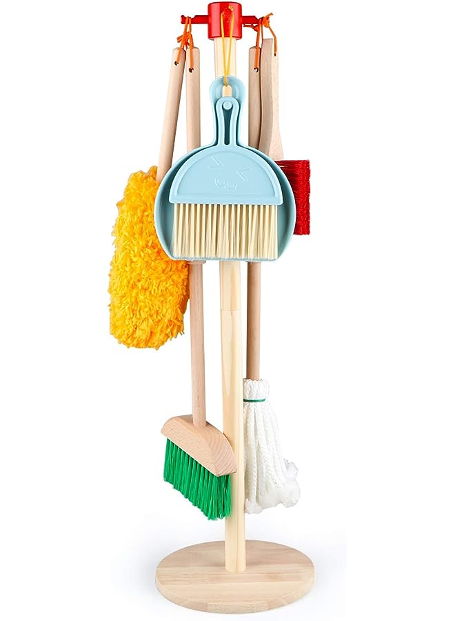 PROMASS Kids Clean Set 7 Piece Wooden Detachable Cleaning Toys Housekeeping Broom，Mop，Duster，Dustpan，Brush and Hanging Stand Pretend Kitchen Early Childhood Play Tools Kid-Sized for Toddler - Image 1