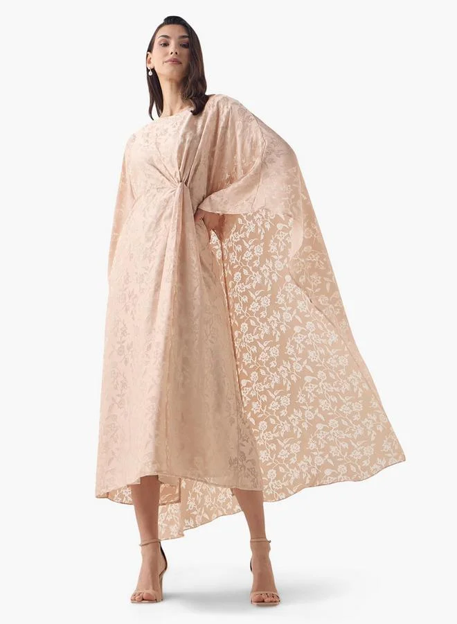 Iconic Iconic Textured Kaftan Dress with Knot Detail and Round Neck