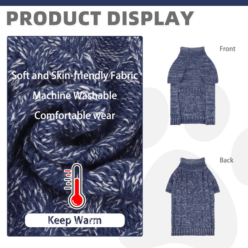KOOLTAIL Dog Sweater for Large Medium Small Dogs, Fall Dog Sweaters, Turtleneck Cable Knitwear Pet Cold Weather Coats with Leash Hole, Warm Winter Pullover Clothes for Bulldog, Yorkie,Boy Girl, Navy M - Image 3
