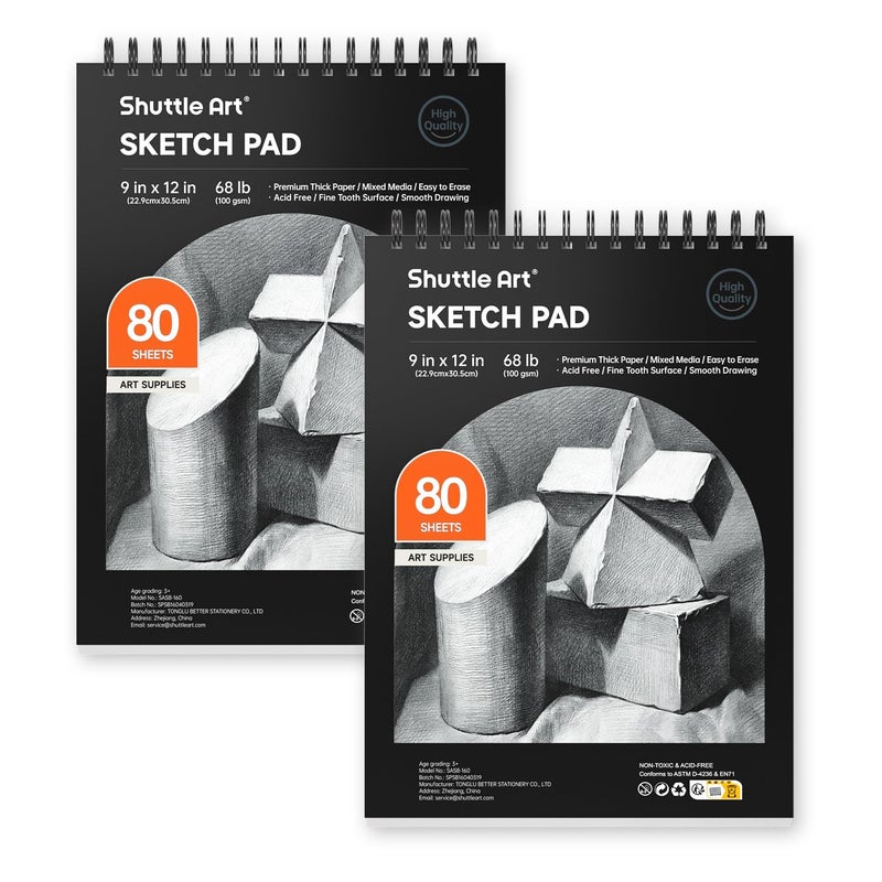 Shuttle Art Artists Sketch Books, 9 x 12 Shuttle Art 160 Sheets of Sketch Paper pad Ideal for Drawing and School Supplies (2 Pack) - Image 1