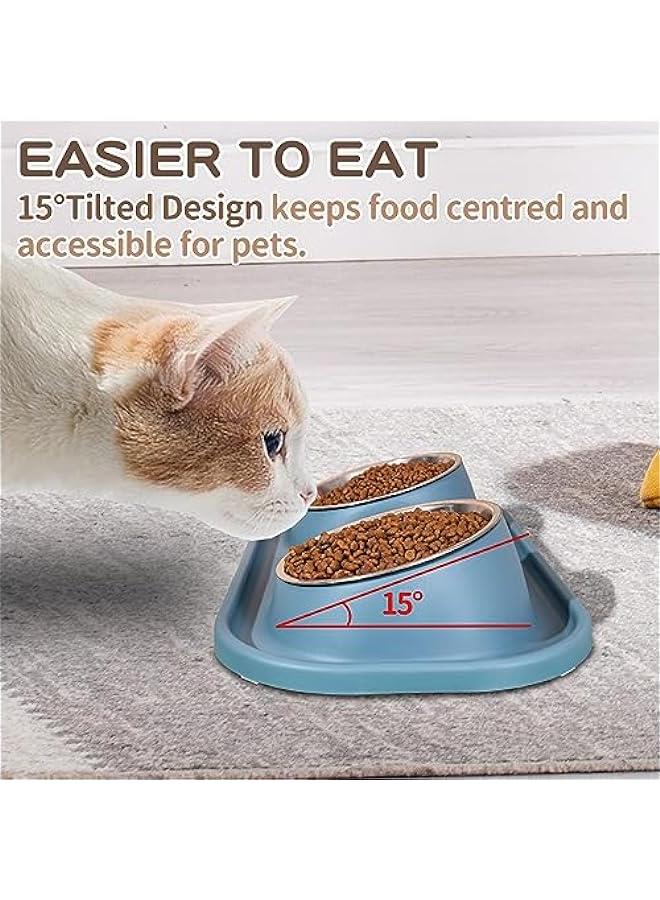 مجموعة من 2 وعاء للكلاب مصنوعة من الفولاذ المقاوم للصدأ، وعاء مزدوج للكلاب، وعاء لتغذية الجراء والوعاء المائل المانع للتسرب للقطط، وعاء أساسي للطعام والماء للكلاب الصغيرة والقطط والجراء (أزرق) - Image 3