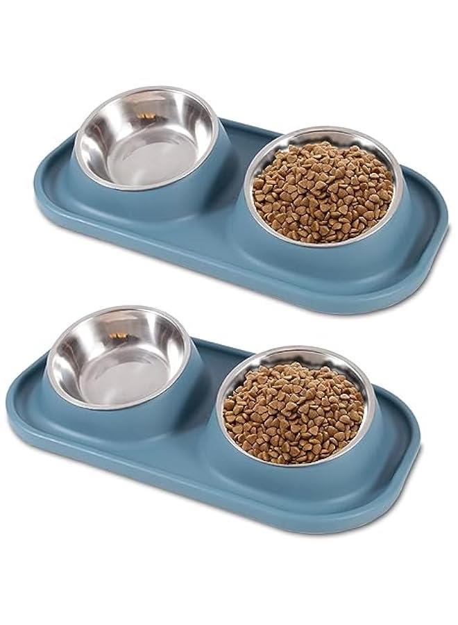 مجموعة من 2 وعاء للكلاب مصنوعة من الفولاذ المقاوم للصدأ، وعاء مزدوج للكلاب، وعاء لتغذية الجراء والوعاء المائل المانع للتسرب للقطط، وعاء أساسي للطعام والماء للكلاب الصغيرة والقطط والجراء (أزرق) - Image 1