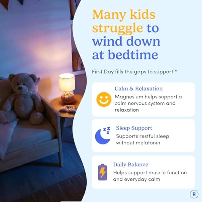 FIRST DAY Kids Magnesium Citrate Gummies (Ages 4+) with No Melatonin | Calm Kids Magnesium Gummies | Bedtime Supplement for Better Sleep with Suntheanine® L-Theanine | Strawberry | 30-Days Supply - Image 2
