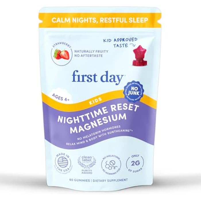 FIRST DAY Kids Magnesium Citrate Gummies (Ages 4+) with No Melatonin | Calm Kids Magnesium Gummies | Bedtime Supplement for Better Sleep with Suntheanine® L-Theanine | Strawberry | 30-Days Supply - Image 1
