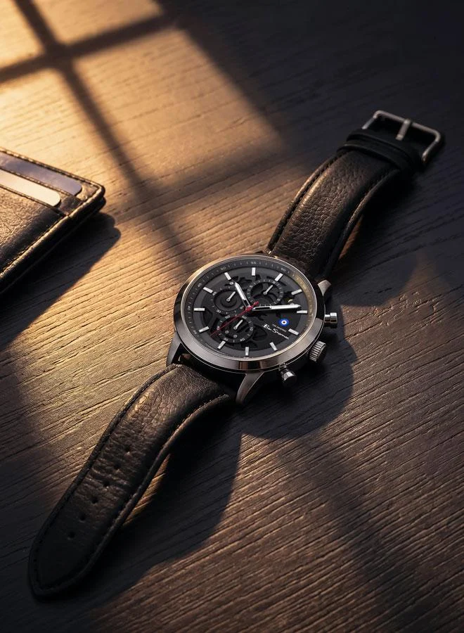 Ben Sherman Black - Silver Case Nottingham Black Dial Black Genuine Leather Strap Chronograph Watch for Men, 44mm for Men | Best Price UAE