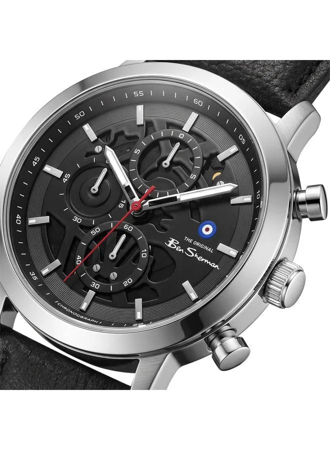بين شيرمان Nottingham Black Dial Silver Genuine Leather Strap Chronograph Watch for Men, 44mm