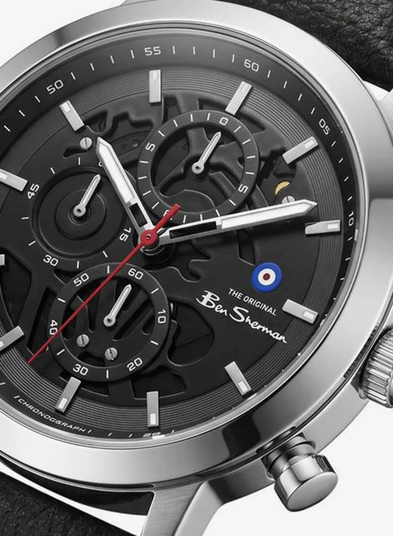 Ben Sherman Nottingham Black Dial Silver Genuine Leather Strap Chronograph Watch for Men, 44mm