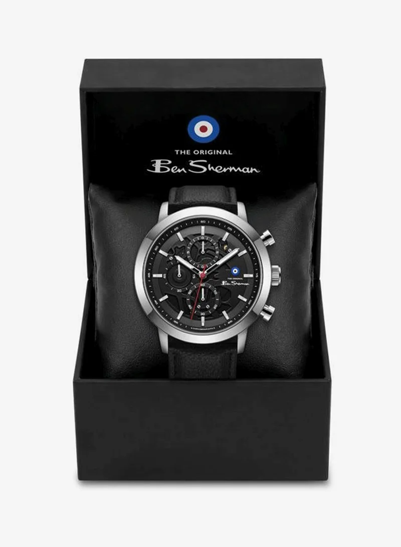 Ben Sherman Black - Silver Case Nottingham Black Dial Black Genuine Leather Strap Chronograph Watch for Men, 44mm for Men | Best Price UAE