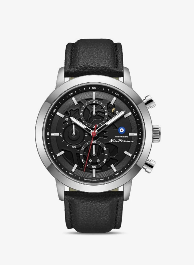 Ben Sherman Nottingham Black Dial Silver Genuine Leather Strap Chronograph Watch for Men, 44mm