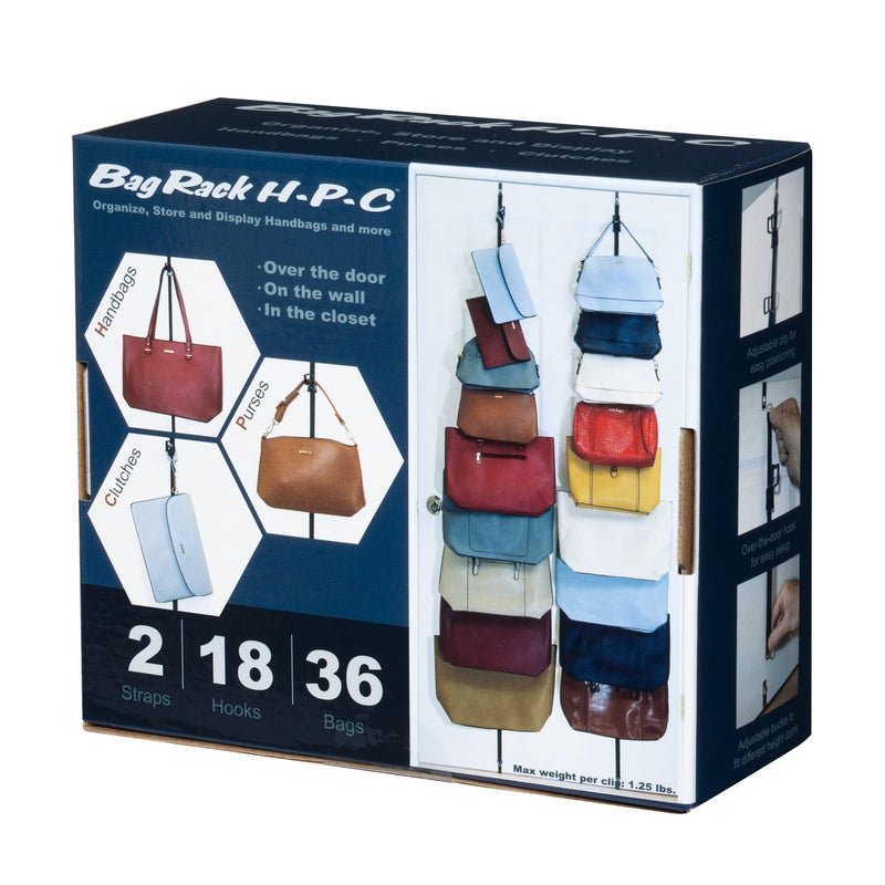 Perfect Curve Handbag and Purse Organizer | Hold up to 18 Bags | Over The Door Organizer for Purses and Handbags | Adjustable Clips | 2 Straps | Black - Image 2