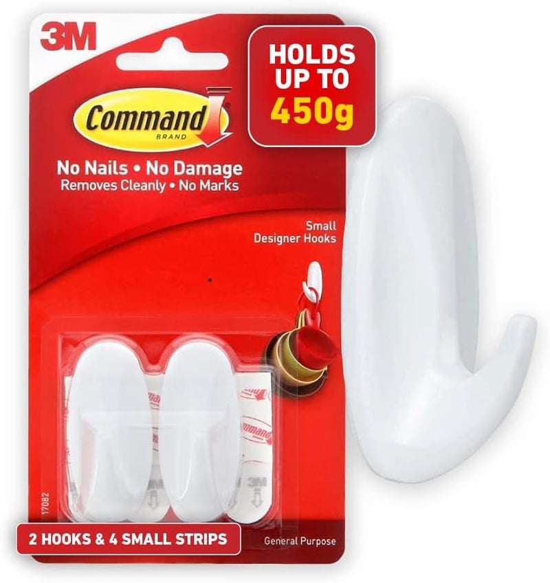 Command Small Hooks with Strips (17082) - White, Holds Up to 450g, 2 Hooks & 4 Strips - Image 1