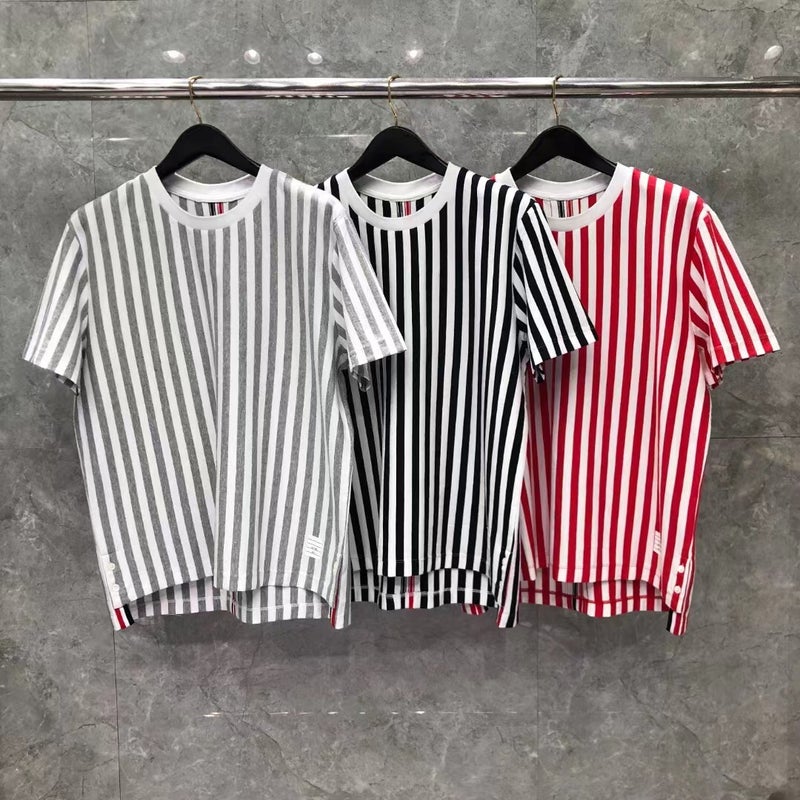 Tb Summer New Vertical Striped Round Neck Short-Sleeve Unisex Classic Solid Color T-Shirt Casual Versatile - Image 2