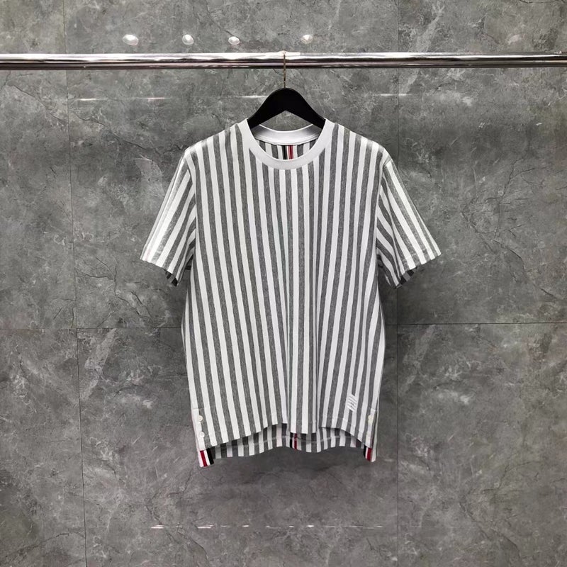 Tb Summer New Vertical Striped Round Neck Short-Sleeve Unisex Classic Solid Color T-Shirt Casual Versatile - Image 3
