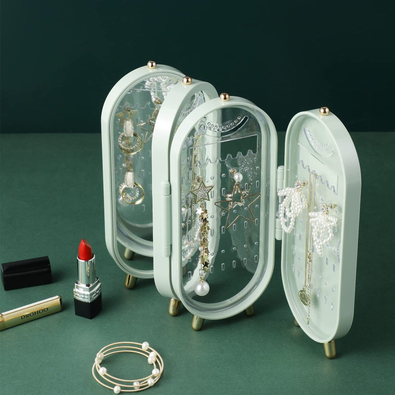 Lejesth Foldable Earring Holder Jewelry Organizer Box with Mirror, 4-Layer Dustproof Earring Necklace Display Stand Jewelry Box with 153 Holes for Women and Girls, Gifts for Girl (Light Green) - Image 5