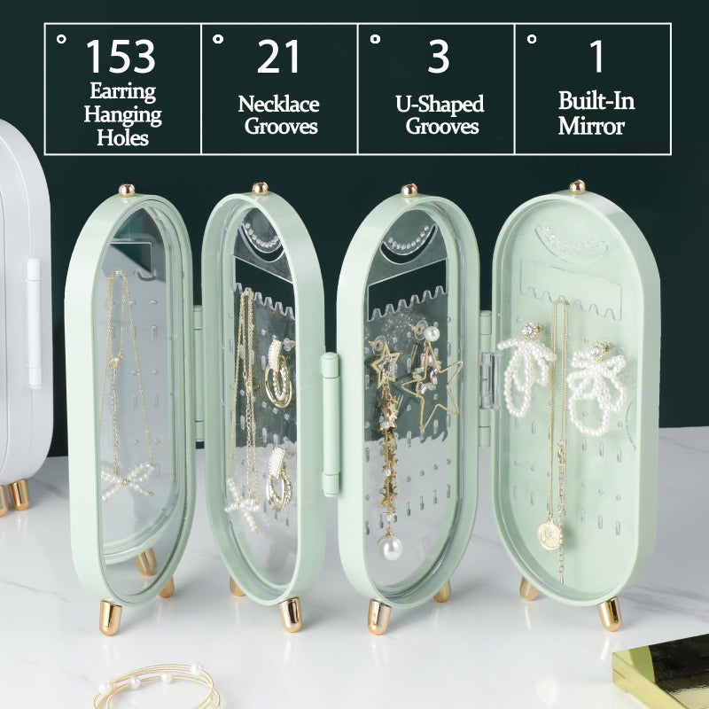 Lejesth Foldable Earring Holder Jewelry Organizer Box with Mirror, 4-Layer Dustproof Earring Necklace Display Stand Jewelry Box with 153 Holes for Women and Girls, Gifts for Girl (Light Green) - Image 3