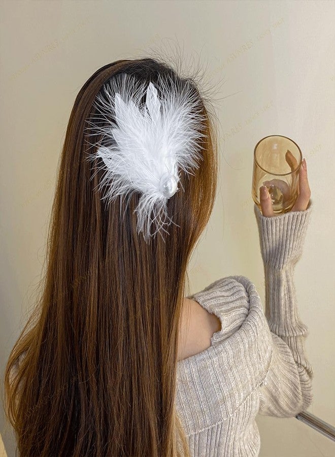 ASVNRES White Feather Hair Clips for Women 2 Packs, Ballet Style Pearl Ostrich White Swan Feather Hair Pins Accessories, Fly-Wing Shape Hair Barrettes Accessory Hairpins for Swan Lake Cosplay Show Danci - Image 5