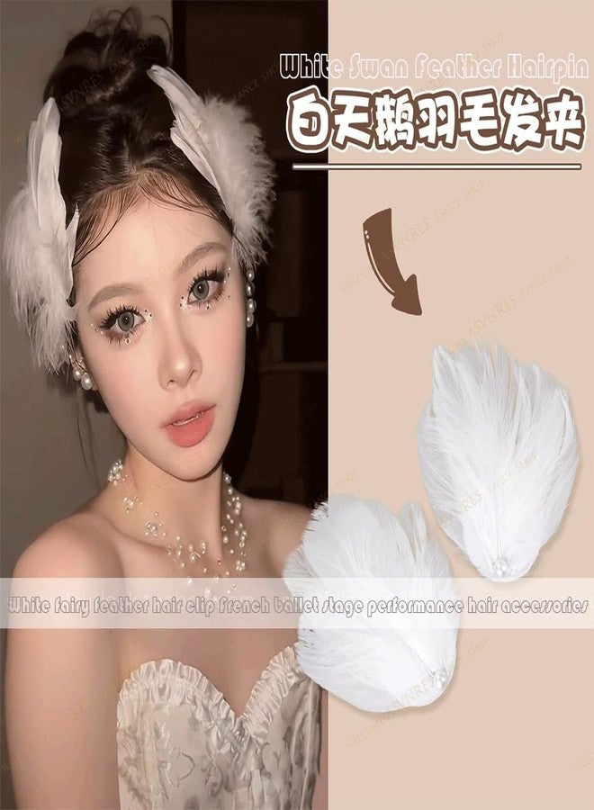 ASVNRES White Feather Hair Clips for Women 2 Packs, Ballet Style Pearl Ostrich White Swan Feather Hair Pins Accessories, Fly-Wing Shape Hair Barrettes Accessory Hairpins for Swan Lake Cosplay Show Danci - Image 2