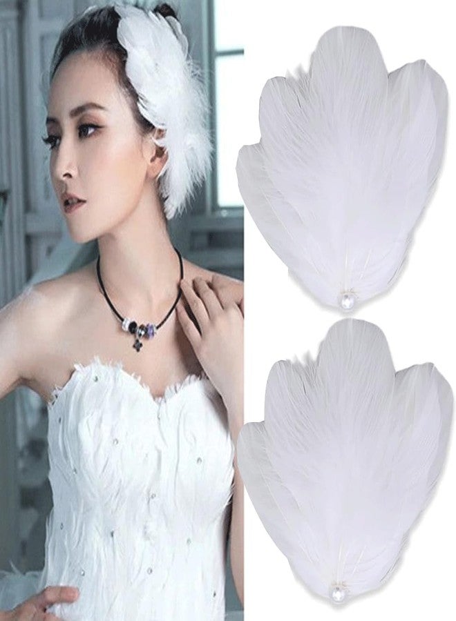 ASVNRES White Feather Hair Clips for Women 2 Packs, Ballet Style Pearl Ostrich White Swan Feather Hair Pins Accessories, Fly-Wing Shape Hair Barrettes Accessory Hairpins for Swan Lake Cosplay Show Danci - Image 1
